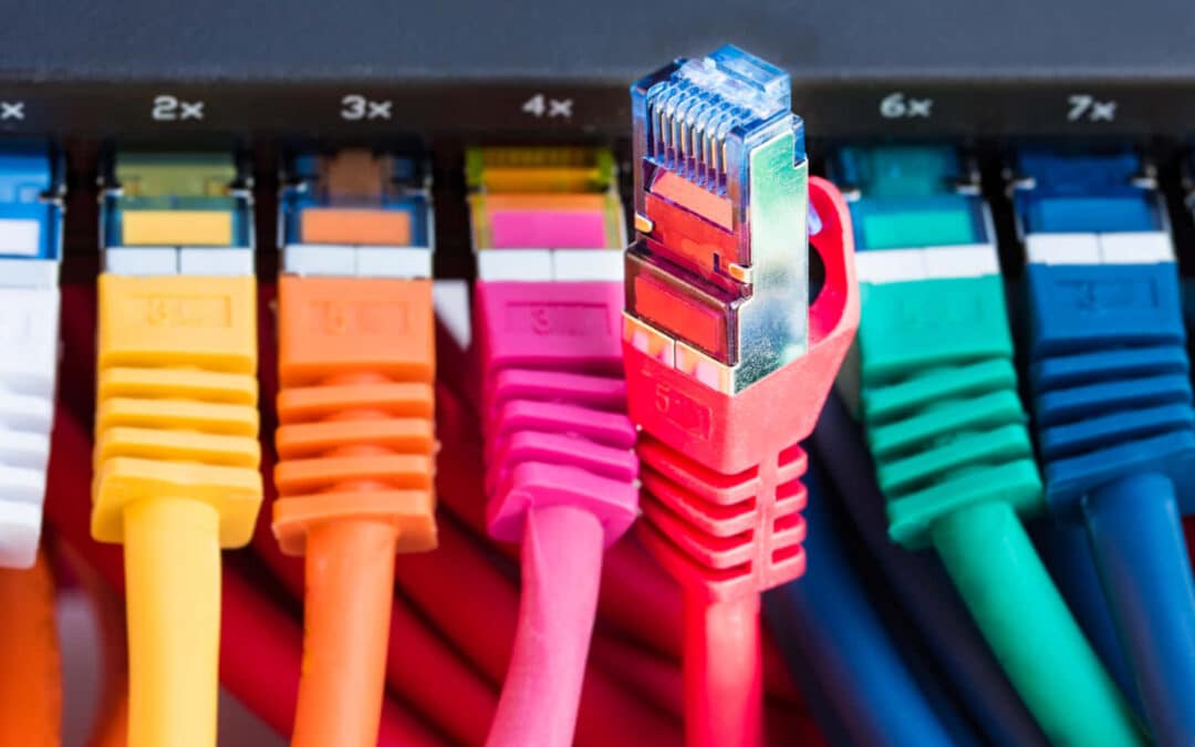 Un faisceau de câbles Ethernet multicolores (jaune, orange, rose, rouge, bleu, vert, bleu foncé) branchés sur un switch réseau noir. Au premier plan, une fiche RJ45 orange translucide est légèrement sortie du port 5, les autres câbles sont bien insérés dans les ports numérotés 2x à 7x.
