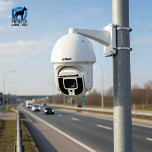 Caméra PTZ Dahua blanche montée sur un poteau métallique le long d'une autoroute, orientée vers la chaussée avec plusieurs voitures et camions en circulation, ciel bleu clair en arrière-plan. Logo dahua visible sur la caméra et logo PROTECH ALARME - VIDÉO en haut à gauche.