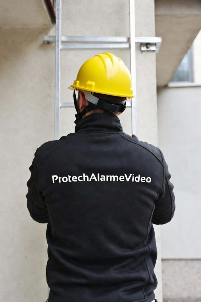 Un ouvrier du bâtiment, de dos, monte sur une échelle métallique fixée contre la façade d’un immeuble. Il porte un casque de chantier jaune, une veste noire avec le texte « ProtechAlarmeVideo » inscrit en blanc dans le dos, et travaille en hauteur près d’une fenêtre.