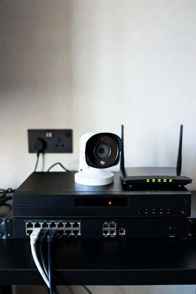 Caméra de surveillance blanche posée sur un routeur Wi-Fi noir à deux antennes, lui-même placé sur un enregistreur vidéo numérique noir avec voyant rouge allumé et ports Ethernet visibles au premier plan.
