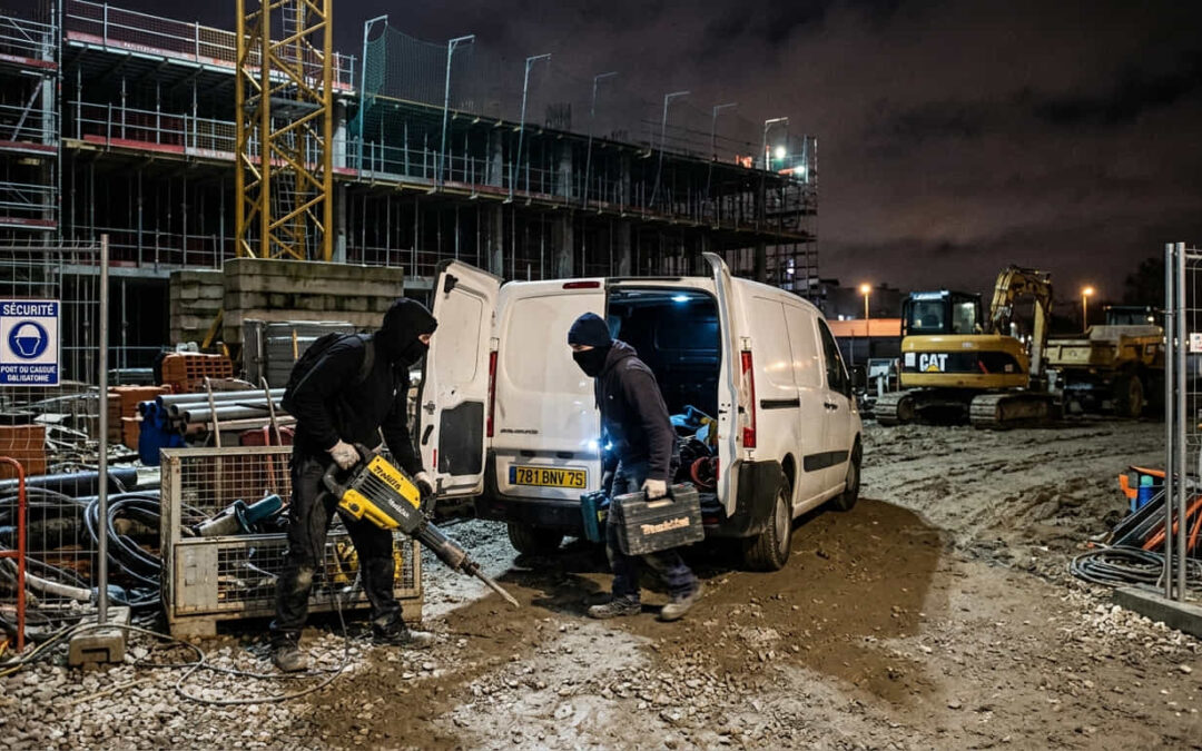 Deux ouvriers masqués de noir sur un chantier de construction la nuit : l’un perce le sol avec un marteau-piqueur DeWalt jaune, l’autre tient une caisse à outils près d’une camionnette blanche aux portes ouvertes (plaque 781 BNV 75). Panneaux visibles « CHANTIER INTERDIT AU PUBLIC » et « SÉCURITÉ PORT DU CASQUE OBLIGATOIRE ». Excavatrice CAT et bâtiment en cours de construction en arrière-plan sur terrain boueux.