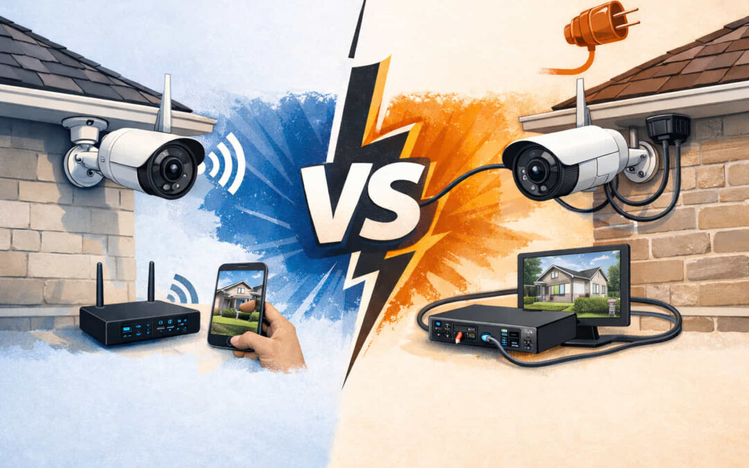 llustration comparative WiFi versus filaire pour caméras de surveillance : à gauche sur fond bleu, caméra sans fil sur mur de maison émettant des ondes WiFi, routeur et main tenant un smartphone affichant le flux vidéo ; à droite sur fond orange, caméra filaire connectée par câbles à une prise et à un enregistreur relié à un moniteur montrant le flux vidéo d’une maison ; grand « VS » avec éclair au centre.