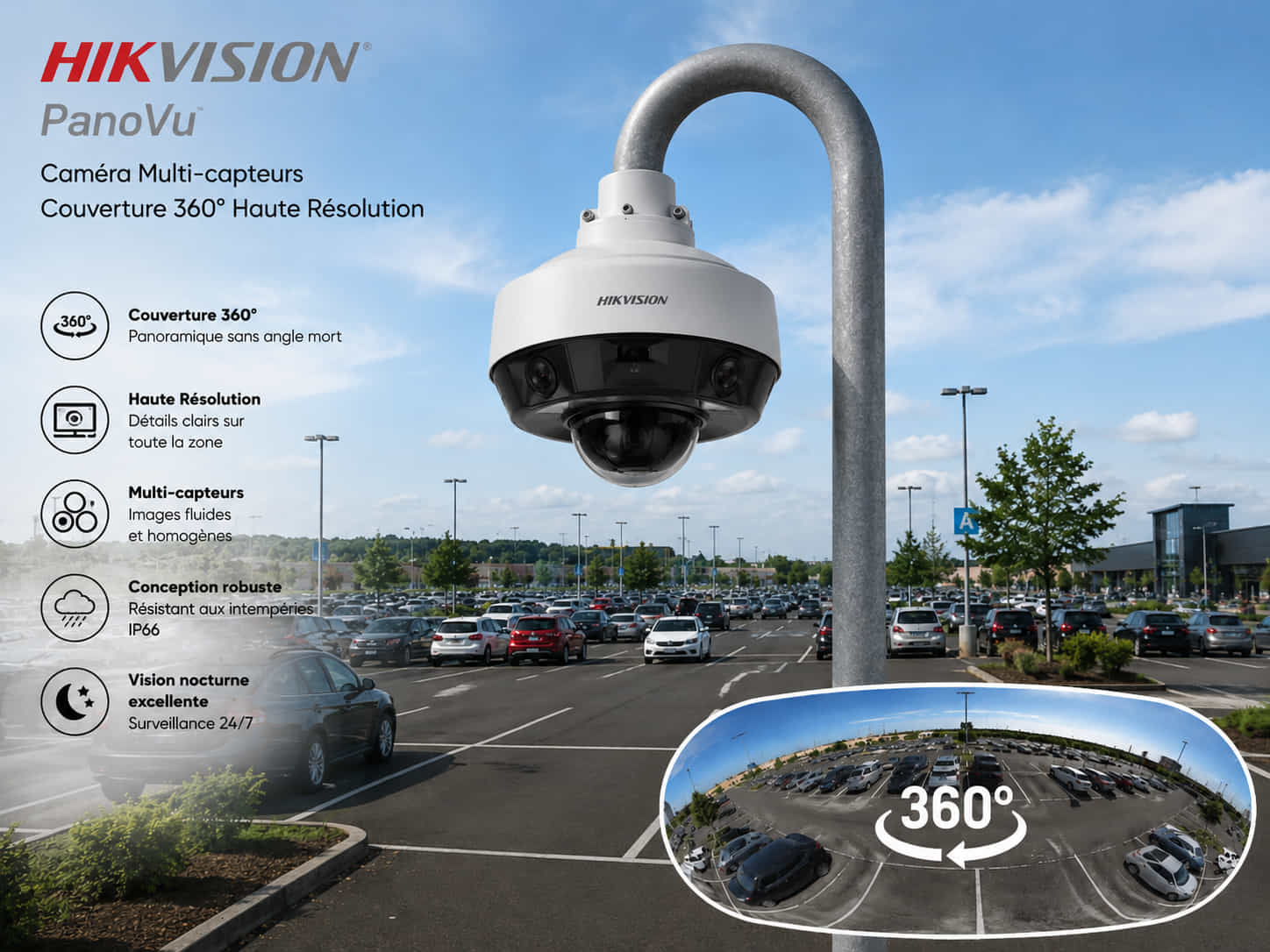 Caméra multi-capteurs Hikvision PanoVu installée sur mât dans un parking extérieur pour couverture 360° haute résolution