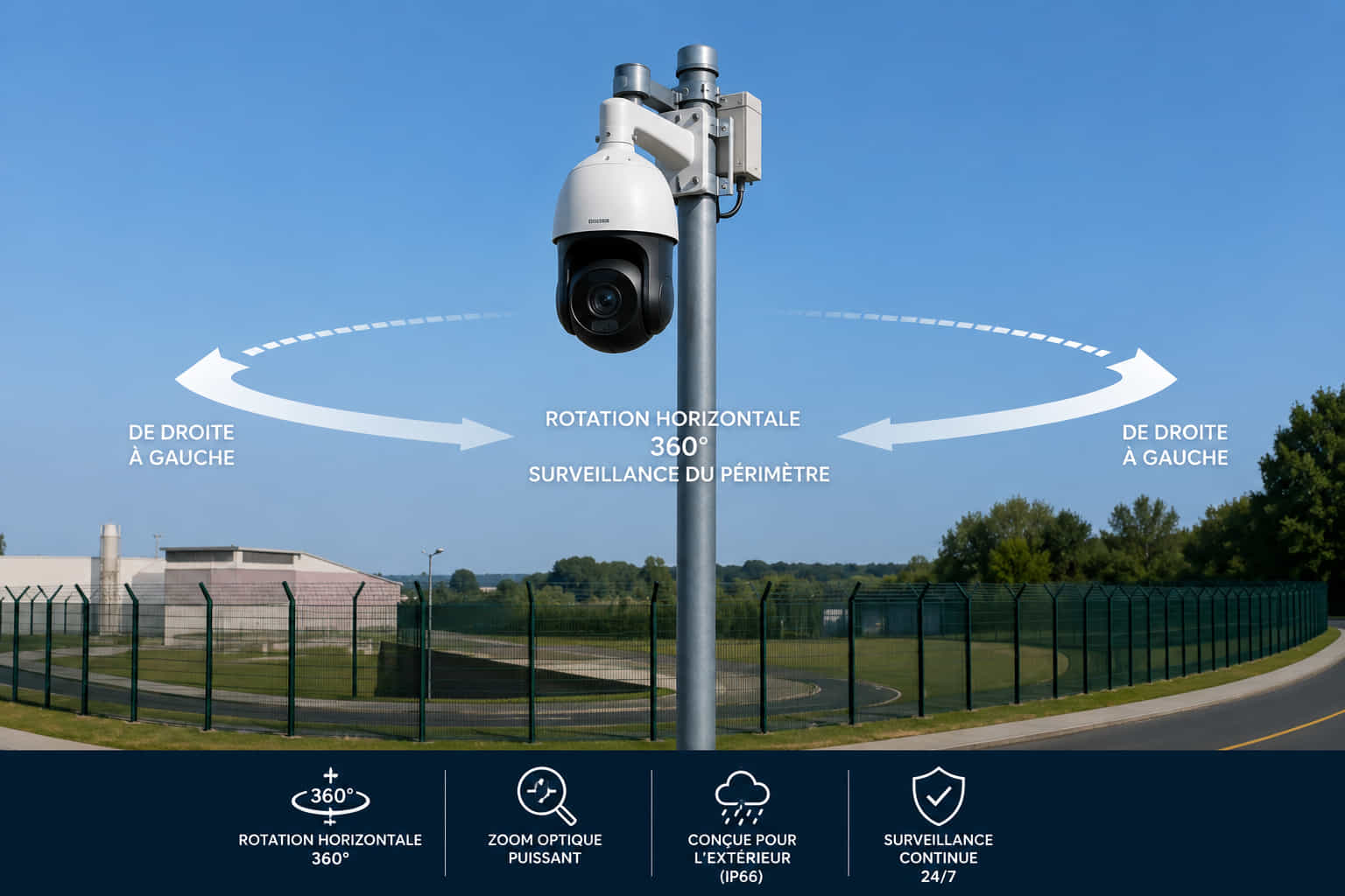 Caméra PTZ motorisée en installation extérieure sur un mât de surveillance
