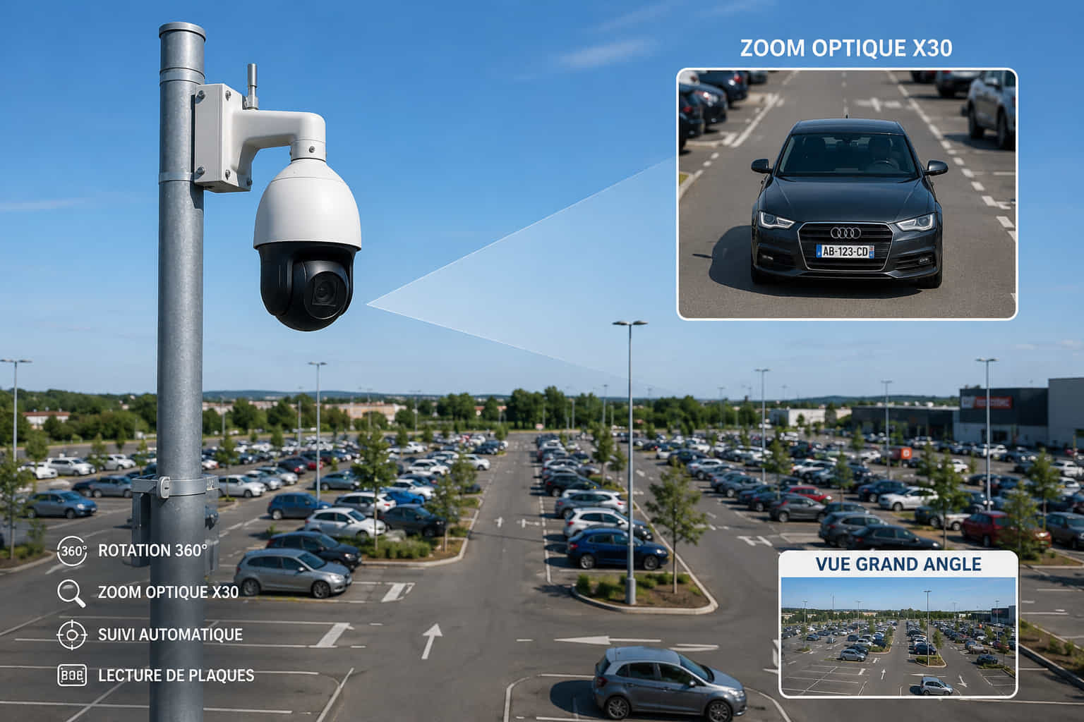 Caméra PTZ installée sur mât dans un parking extérieur pour surveillance à grand angle et zoom optique