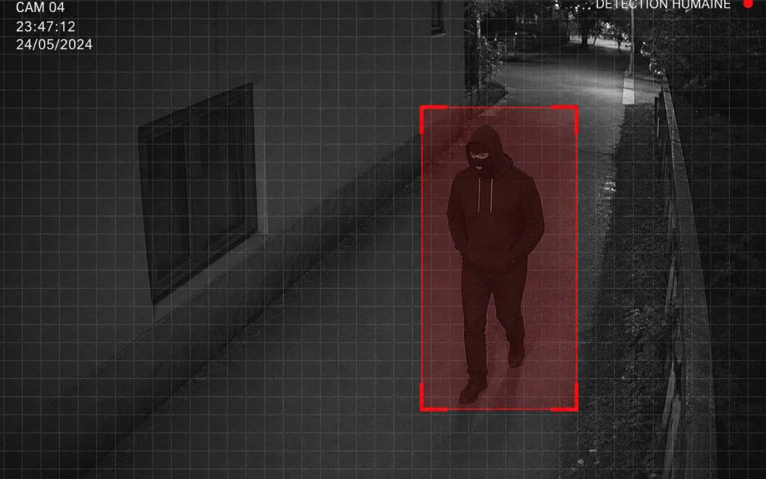 Personne portant un sweat à capuche noir et une cagoule, mains dans les poches, marchant de nuit sur un chemin extérieur. Détection humaine encadrée en rouge par la caméra de surveillance CAM 04