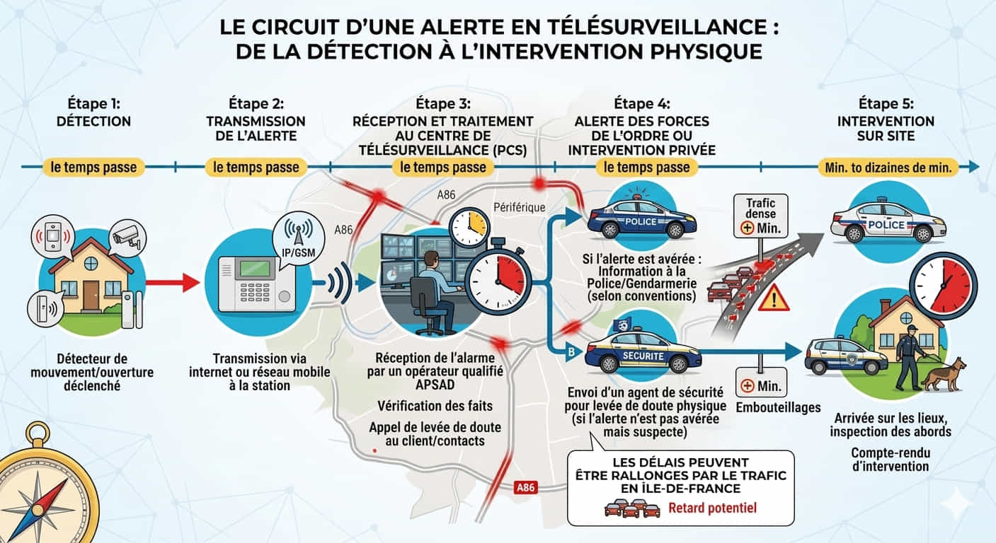 Schéma du processus de traitement d'une alerte par un centre de télésurveillance en Île-de-France