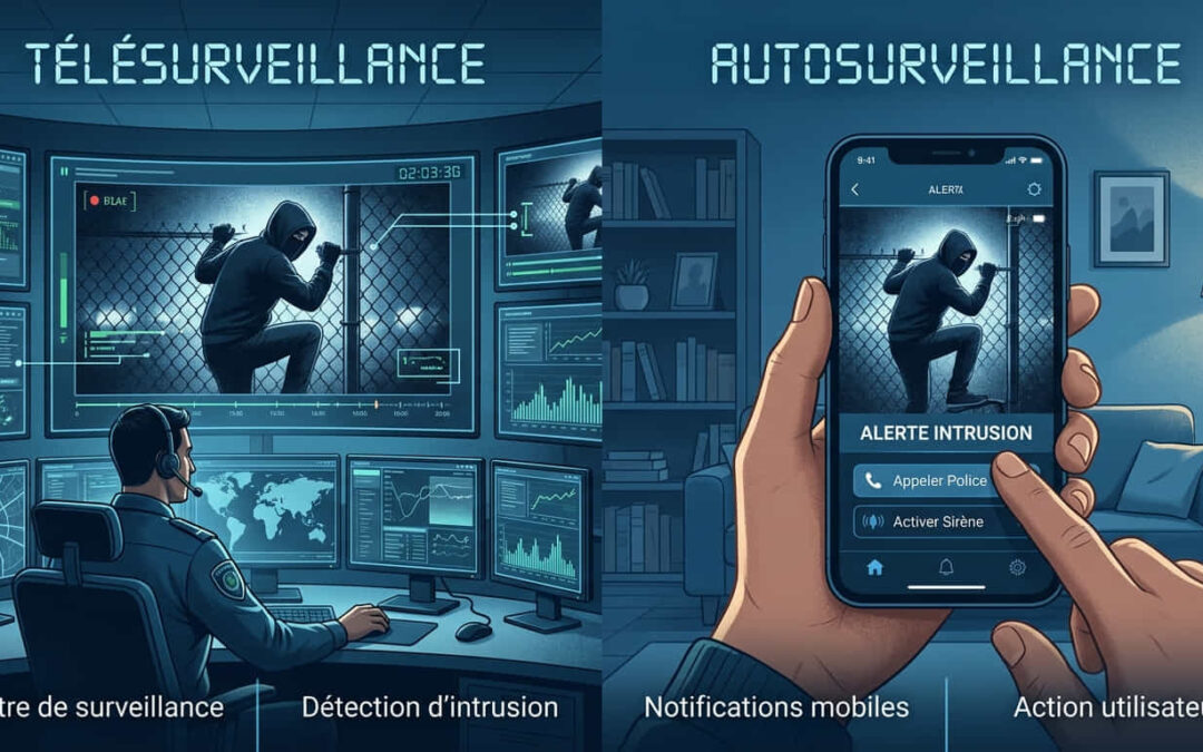 Illustration en deux parties comparant la télésurveillance et l’autosurveillance. À gauche, un opérateur de sécurité dans un centre de surveillance équipé de multiples écrans observe une intrusion en cours : un individu en sweat à capuche noir escalade une clôture grillagée de nuit, avec détection d’intrusion et horodatage 02:03:36. À droite, des mains tiennent un smartphone affichant une notification mobile « ALERTE INTRUSION » avec le même visuel de l’intrus et les boutons « Appeler Police » et « Activer Sirène ». Titres : « TÉLÉSURVEILLANCE » et « AUTOSURVEILLANCE ». Légendes : « Centre de surveillance », « Détection d’intrusion », « Notifications mobiles », « Action utilisateur ».
