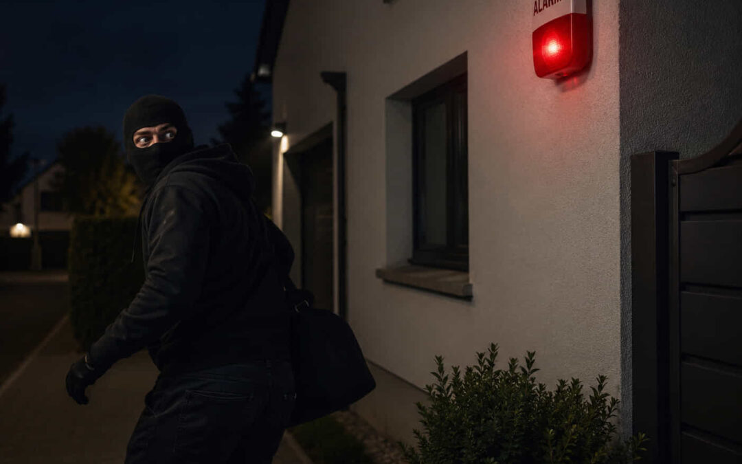 Un cambrioleur masqué en tenue noire, portant un sac, s'éloigne d'une maison la nuit en regardant en arrière vers une alarme rouge allumée fixée au mur extérieur, avec le texte « ALARME » visible
