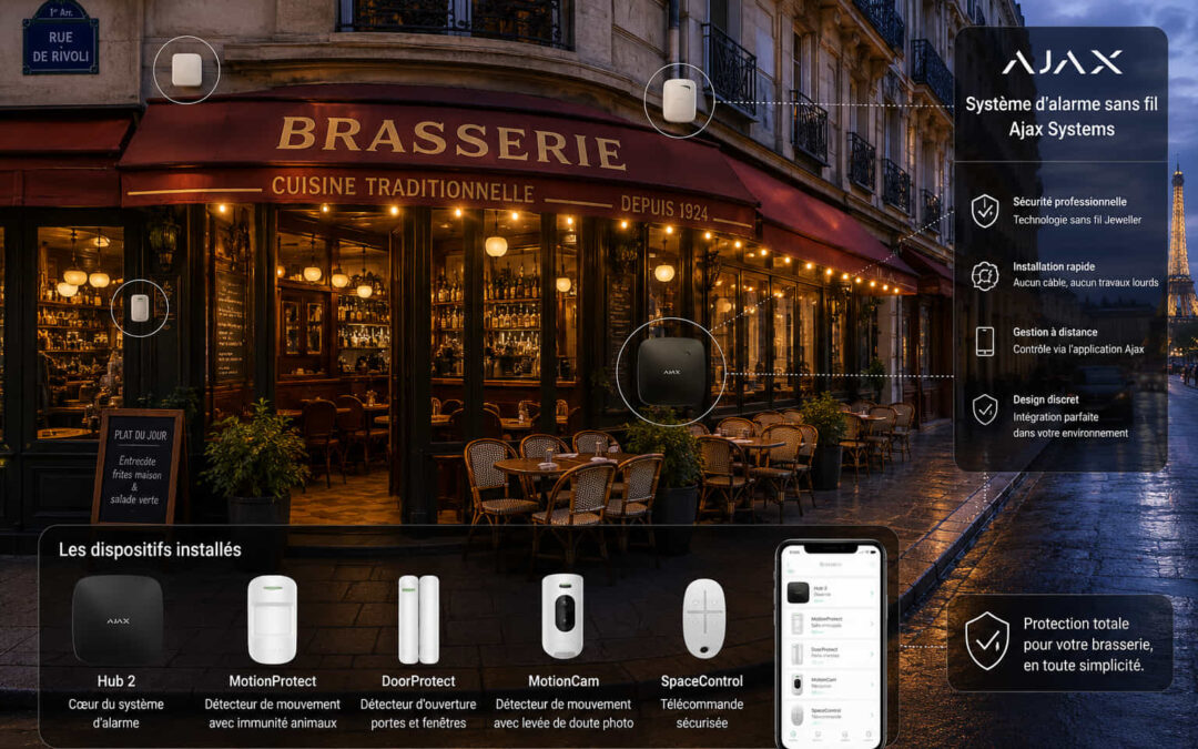 Publicité Ajax Systems pour un système d’alarme sans fil sur une brasserie parisienne traditionnelle « BRASSERIE CUISINE TRADITIONNELLE DEPUIS 1924 » rue de Rivoli. Dispositifs installés : Hub 2 (cœur du système), détecteur de mouvement MotionProtect, détecteur d’ouverture DoorProtect, caméra MotionCam et télécommande SpaceControl. Smartphone affichant l’application de contrôle. Texte visible : Sécurité professionnelle, installation rapide, gestion à distance, design discret, protection totale pour votre brasserie. Eiffel Tower en arrière-plan.