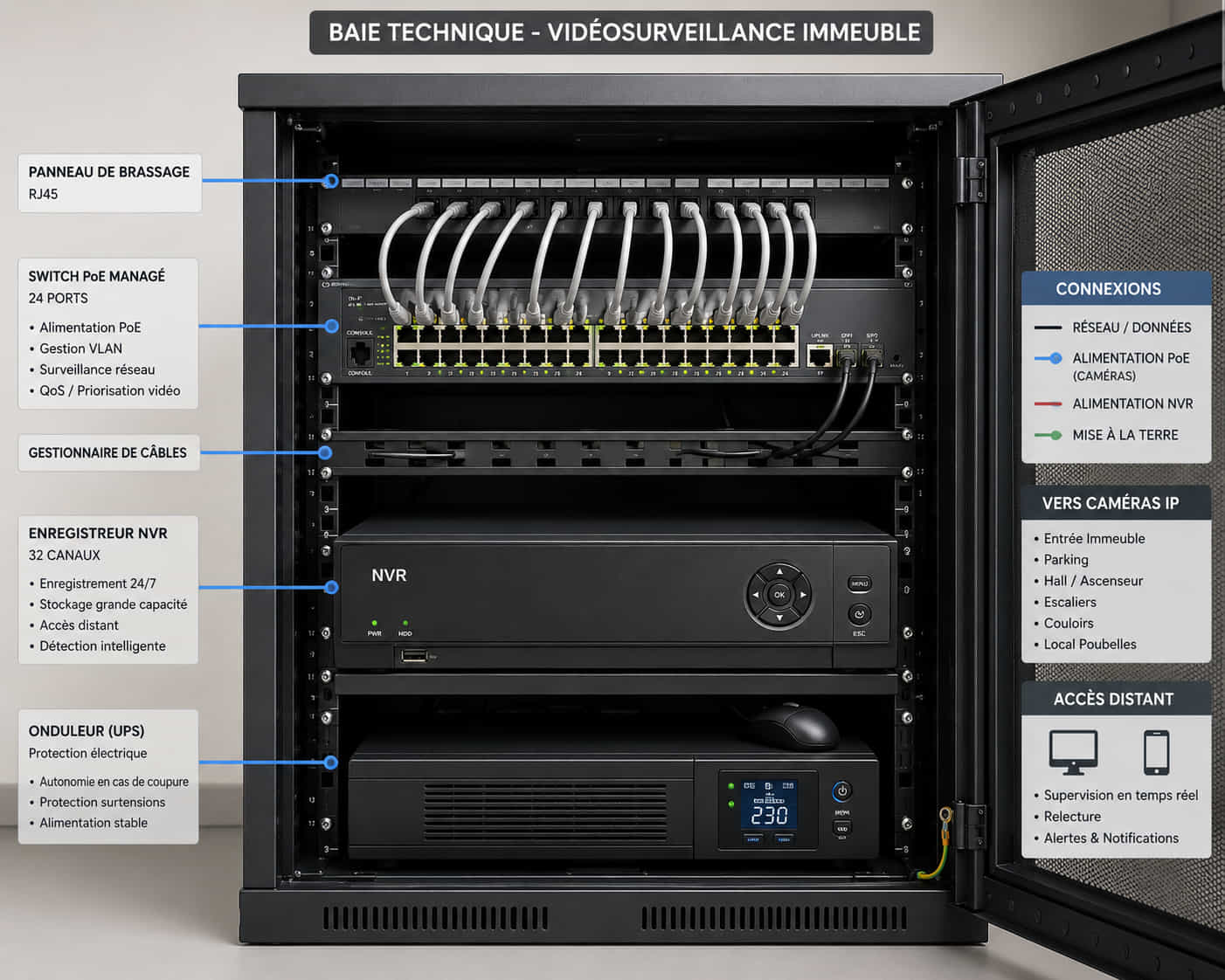 Baie technique avec switch PoE managé et enregistreur NVR pour la vidéosurveillance d'un immeuble