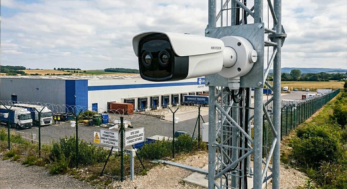 Caméra thermique bi-spectrale installée sur le mât d'enceinte d'un entrepôt logistique pour la protection périmétrique longue distance
