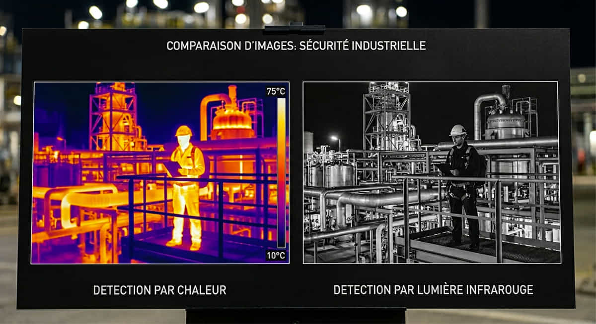 Comparaison entre une image de caméra thermique montrant une silhouette de chaleur et une image de caméra infrarouge classique sur un site industriel