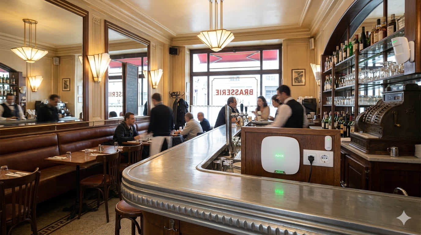 Centrale d'alarme Ajax Hub 2 Plus installée dans une brasserie parisienne