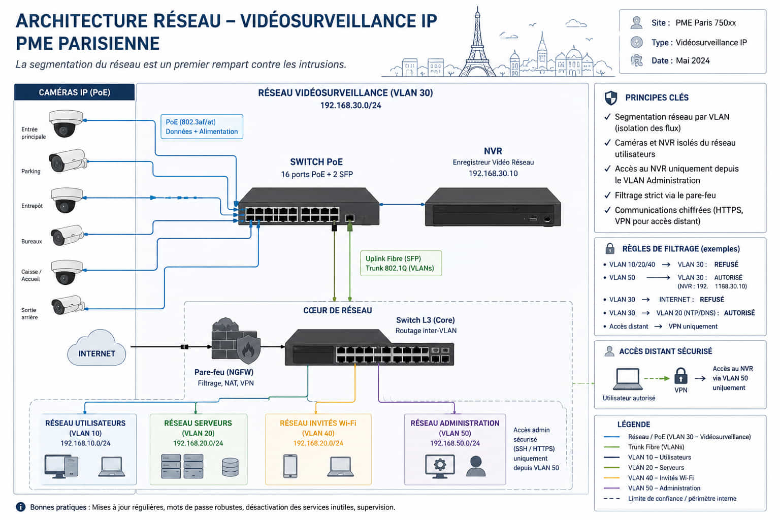 Schéma d'architecture réseau montrant des caméras IP connectées à un switch PoE et un NVR dans une PME parisienne