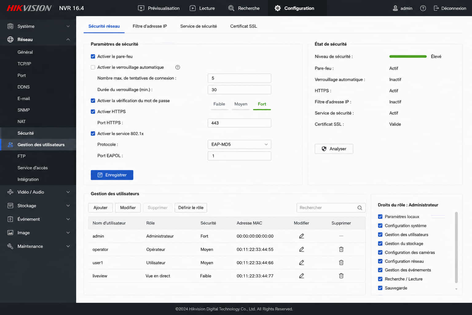 Interface d'administration d'un NVR Hikvision avec paramètres de sécurité réseau et gestion des utilisateurs