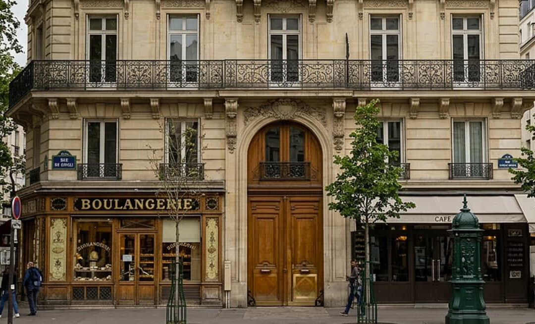 Façade d'un immeuble haussmannien parisien beige avec, au rez-de-chaussée, une boulangerie à gauche ornée d'une enseigne dorée « BOULANGERIE » et de vitrines en bois, une grande porte centrale en bois dans une arche sculptée et un café à droite avec enseigne « CAFÉ ». Des piétons marchent sur le trottoir, des balcons en fer forgé décorent les étages supérieurs, des arbres bordent la rue et un mobilier urbain vert orné se dresse au premier plan. Panneaux de rue « RUE DE GIROU » et « RUE DE L'ODÉON » visibles.