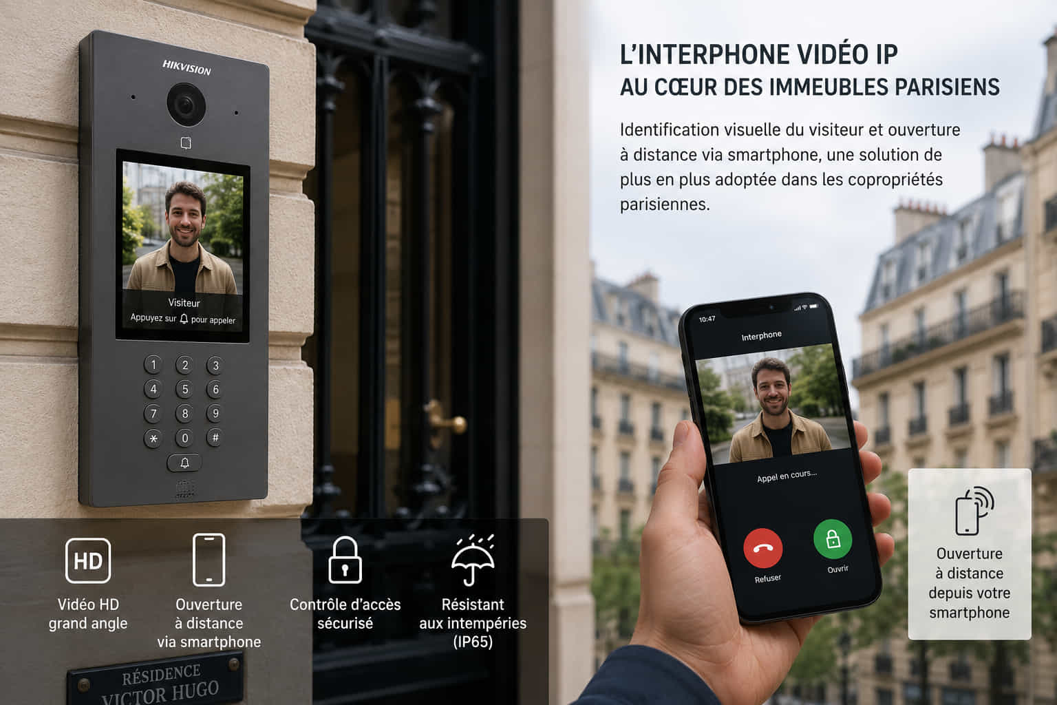 Interphone vidéo IP Hikvision installé en façade d'un immeuble parisien