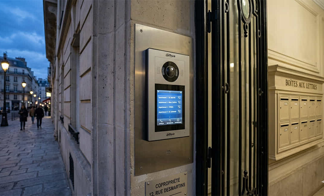 Interphone vidéo Dahua monté sur la façade d’un immeuble haussmannien parisien au crépuscule, avec écran tactile affichant les options d’appels des appartements, plaque « COPROPRIÉTÉ 12, RUE DESMARTINS » en dessous, boîtes aux lettres « BOÎTES AUX LETTRES » à droite, et rue pavée animée en arrière-plan.
