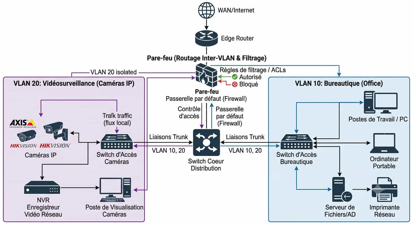 Schéma d'architecture réseau segmentée avec un VLAN dédié aux caméras IP séparé du VLAN bureautique par un pare-feu
