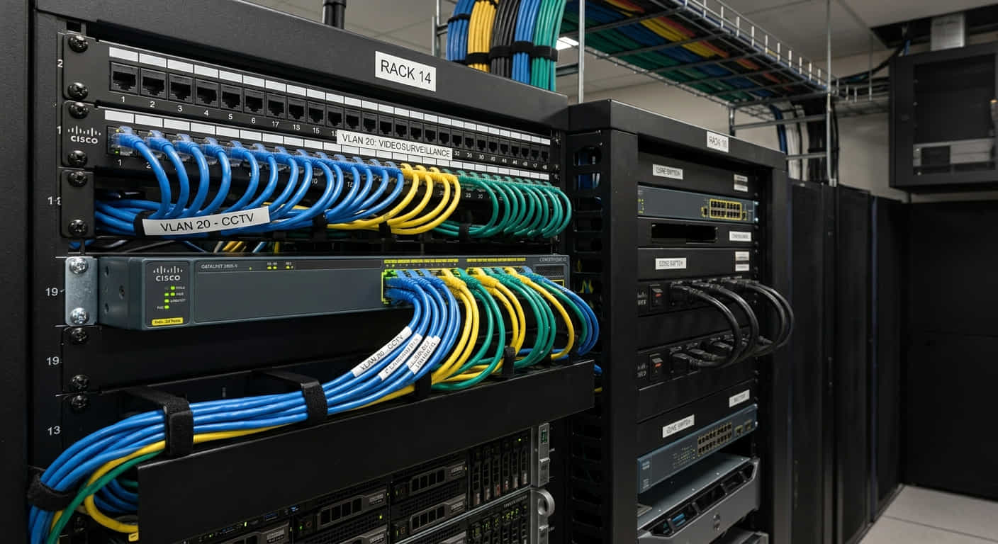 Switch PoE managé configuré avec un VLAN vidéosurveillance dédié dans une baie de brassage professionnelle