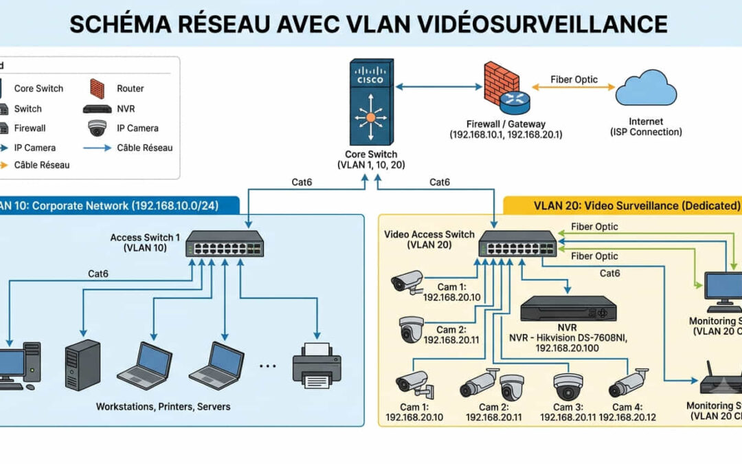Schéma réseau avec VLAN vidéosurveillance : Core Switch Cisco (VLAN 1, 10, 20) relié en Cat6 au Firewall/Gateway (192.168.10.1, 192.168.20.1) puis en fibre optique à Internet. À gauche, VLAN 10 Corporate Network (192.168.10.0/24) avec Access Switch 1 connecté en Cat6 à workstations, imprimantes et serveurs. À droite, VLAN 20 Video Surveillance dédié avec Video Access Switch relié en fibre optique et Cat6 à quatre caméras IP (192.168.20.10 à 192.168.20.12), NVR Hikvision DS-7608NI (192.168.20.100) et stations de monitoring. Légende des symboles (Core Switch, Switch, Firewall, Router, NVR, caméras IP, câbles).