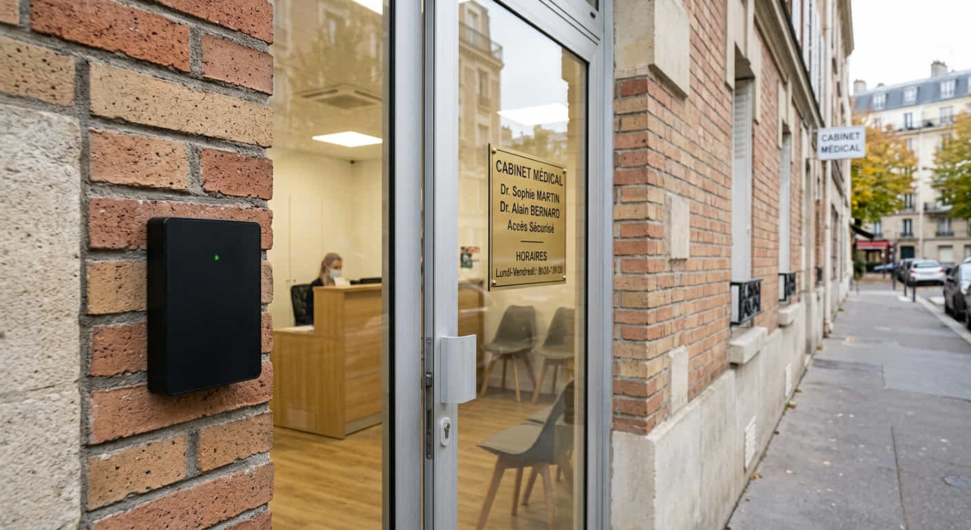 Lecteur de badge MIFARE DESFire installé à l'entrée sécurisée d'un cabinet médical en Île-de-France