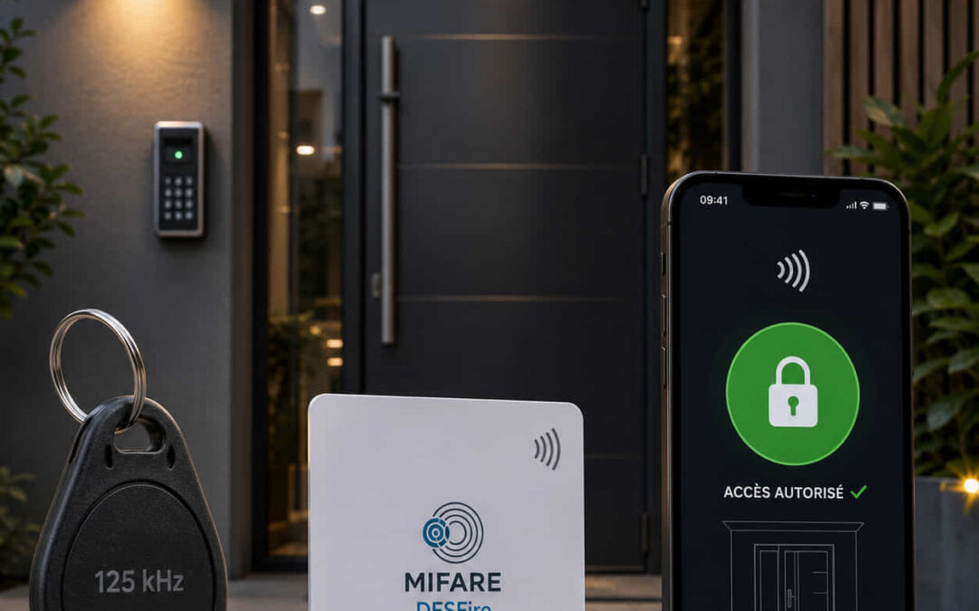 Badge d’accès noir 125 kHz, carte blanche MIFARE DESFire et smartphone affichant « ACCÈS AUTORISÉ » avec cadenas vert devant une porte d’entrée moderne équipée d’un lecteur de badge