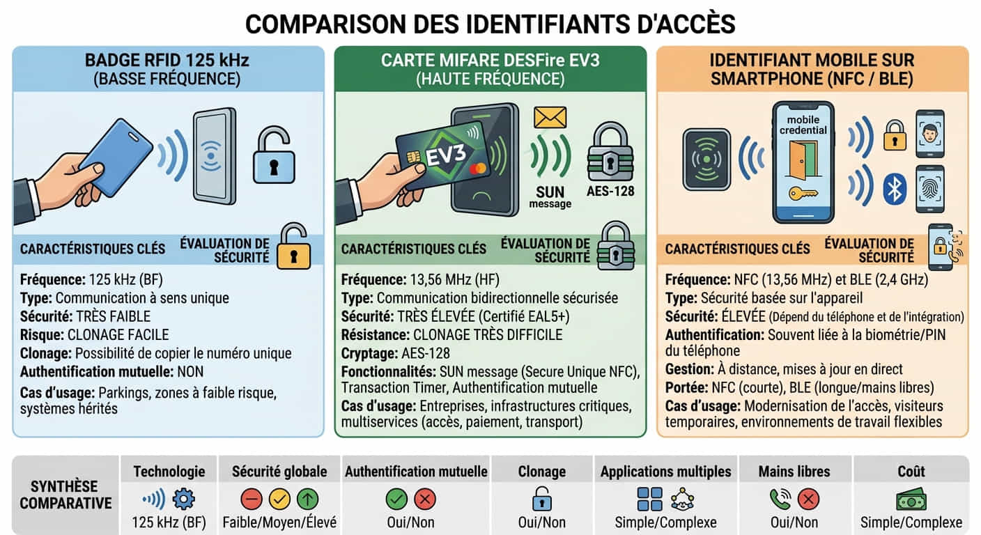 Comparaison entre un badge RFID 125 kHz, une carte MIFARE DESFire EV3 et un identifiant mobile sur smartphone
