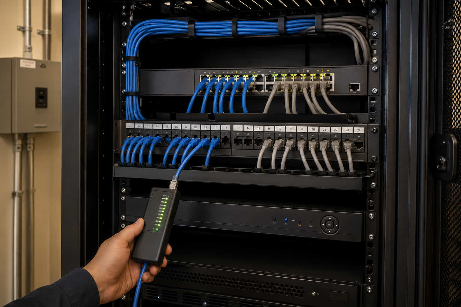 Audit d'une baie de brassage et vérification du budget PoE d'un switch lors d'une étude de site sécurité