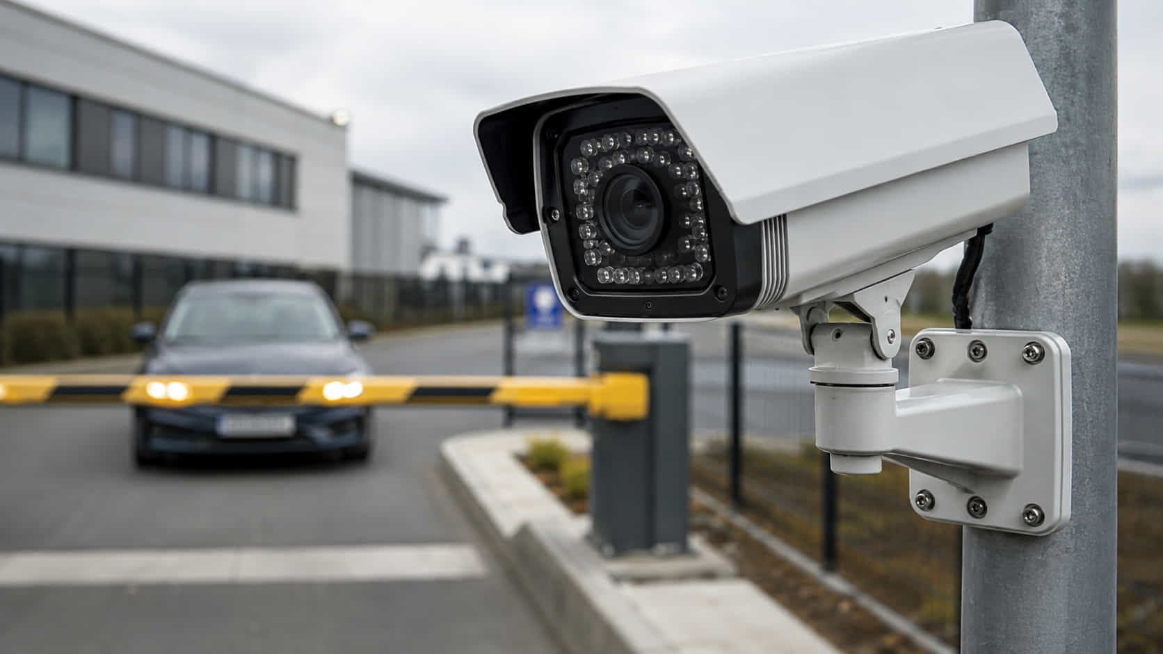 Caméra LAPI installée en entrée de parking d'entreprise face à une barrière levante pour la lecture automatique des plaques