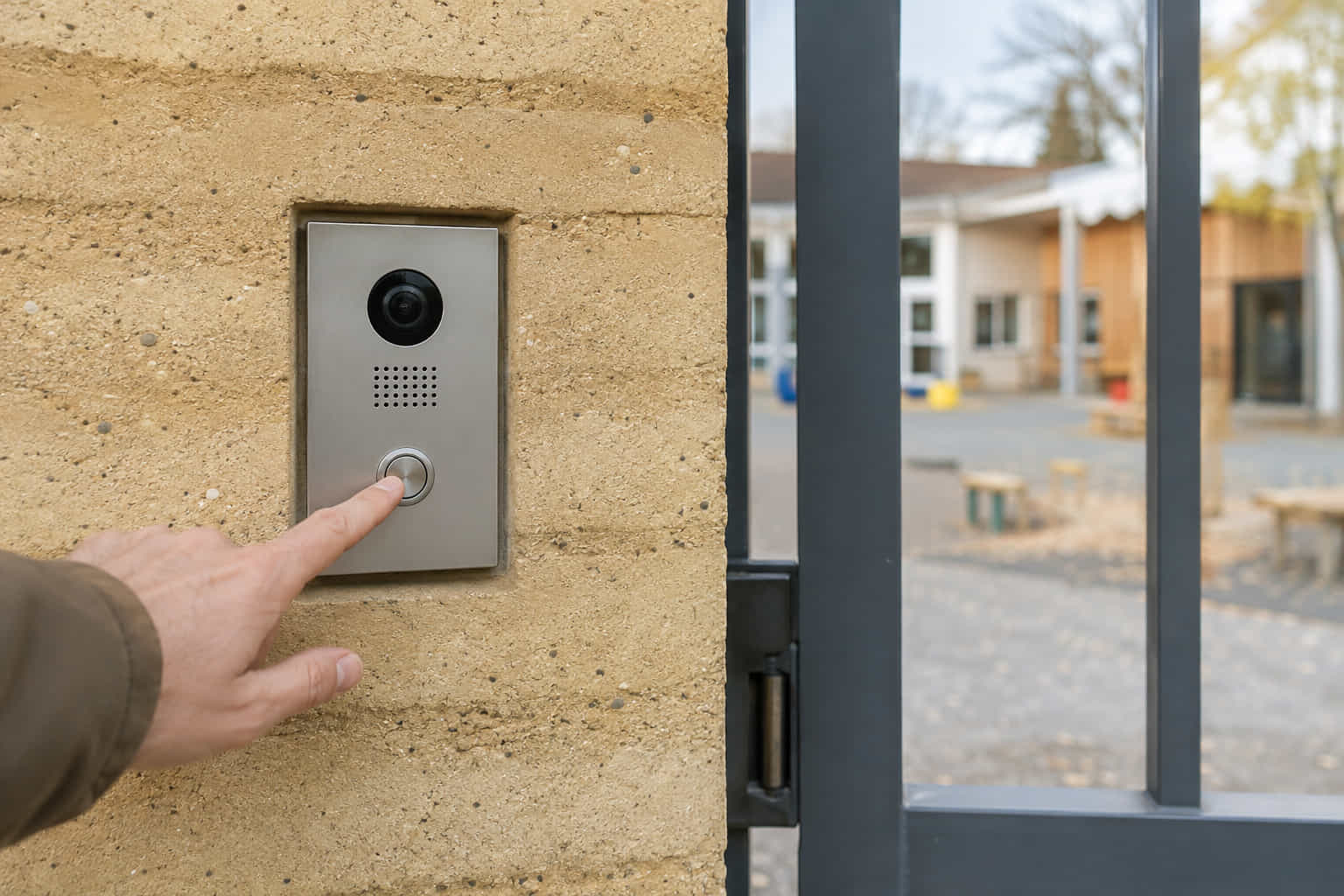 Platine de rue avec visiophone installée au portail d'un groupe scolaire pour filtrer les entrées