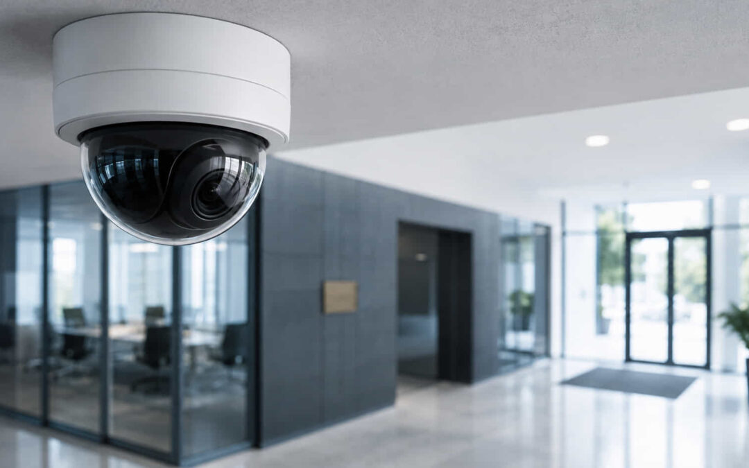 Caméra dôme de surveillance installée dans des locaux professionnels avec panneau d'information RGPD en arrière-plan