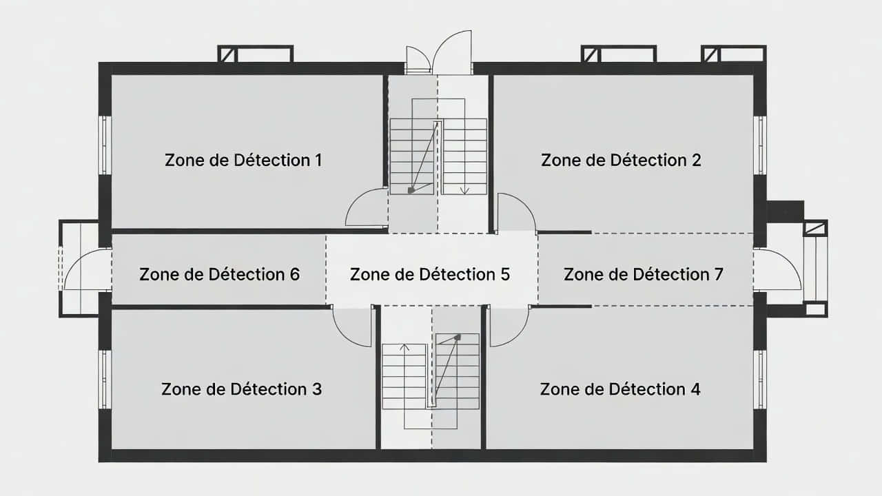 Schéma d'une centrale d'alarme avec différentes zones de détection dans un bâtiment