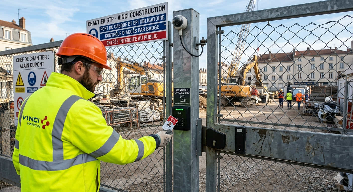 Contrôle d'accès par badge RFID sur portail de chantier BTP