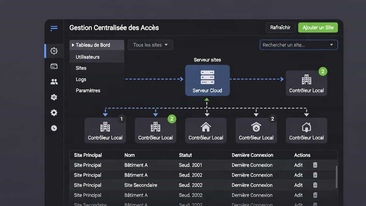 Interface logicielle de gestion centralisée des droits d'accès multi-sites avec tableau de bord des badges et des sites