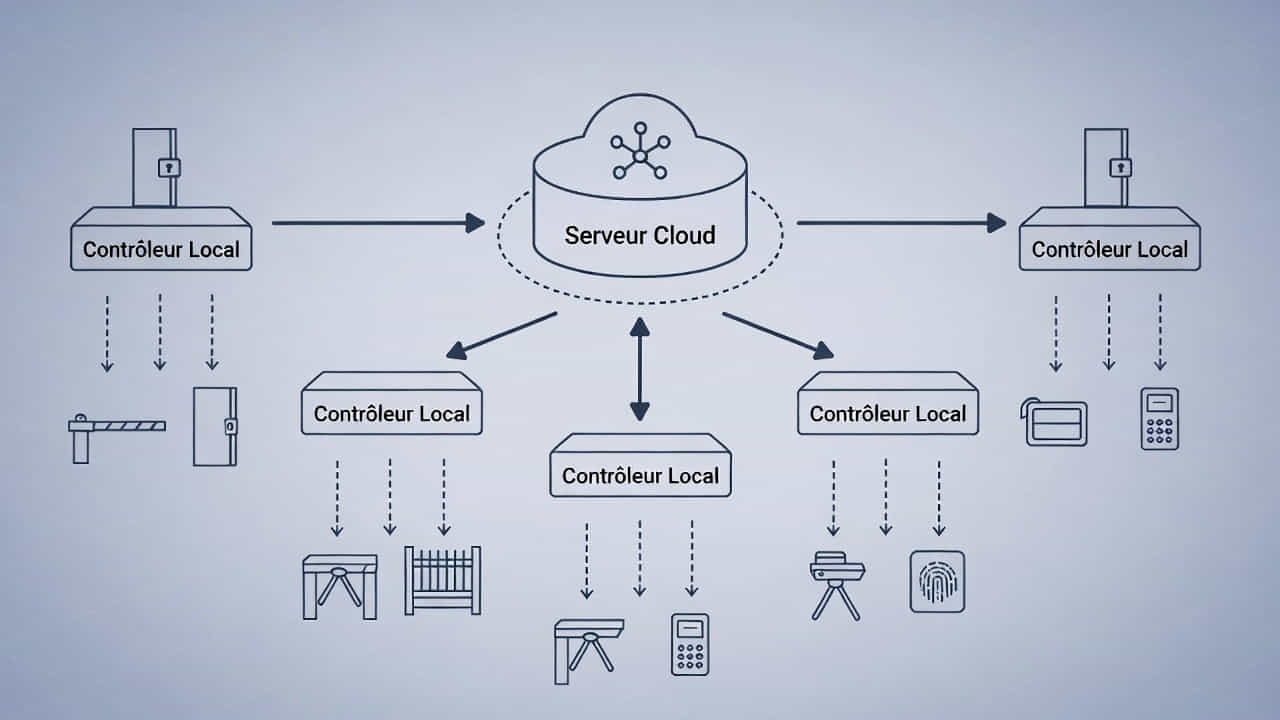 Schéma d'architecture d'un système de contrôle d'accès centralisé sur plusieurs sites avec serveur cloud et contrôleurs locaux