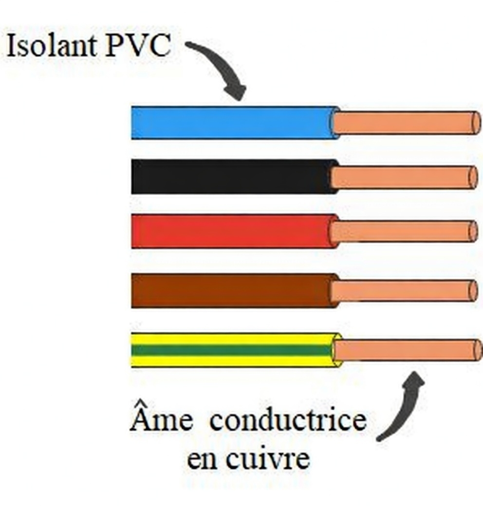 Conducteurs en cuivre gainés d'isolant PVC coloré : bleu, noir, rouge, marron et jaune-vert (terre), représentés côte à côte avec les extrémités dénudées montrant le cuivre.