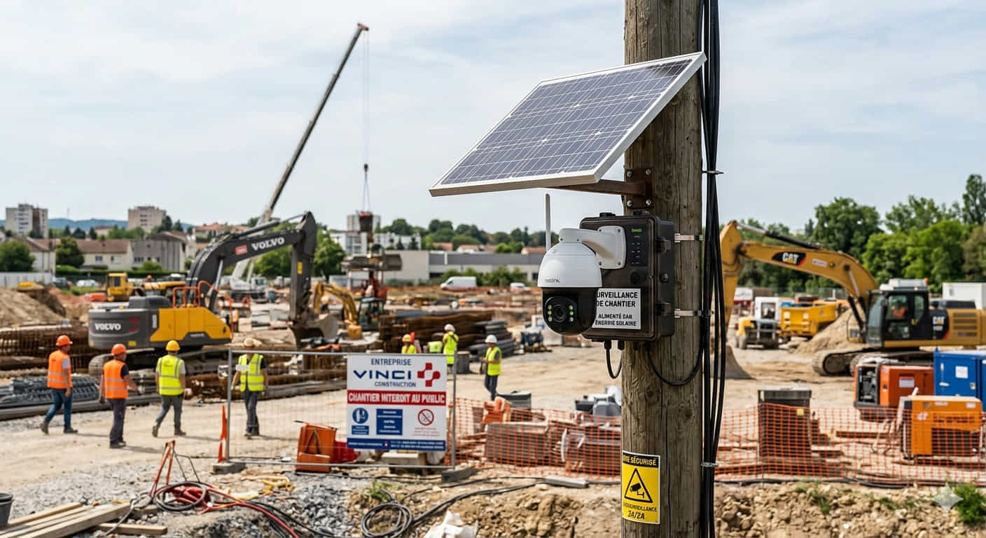 Caméra de surveillance autonome sur panneau solaire installée sur un chantier BTP