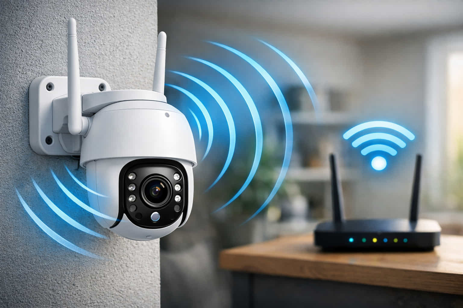 Caméra de surveillance blanche montée sur un mur, équipée de deux antennes WiFi et d’un objectif avec LED infrarouges, émettant des ondes de signal sans fil bleues vers un routeur noir avec indicateurs lumineux posé sur une table en bois en arrière-plan.