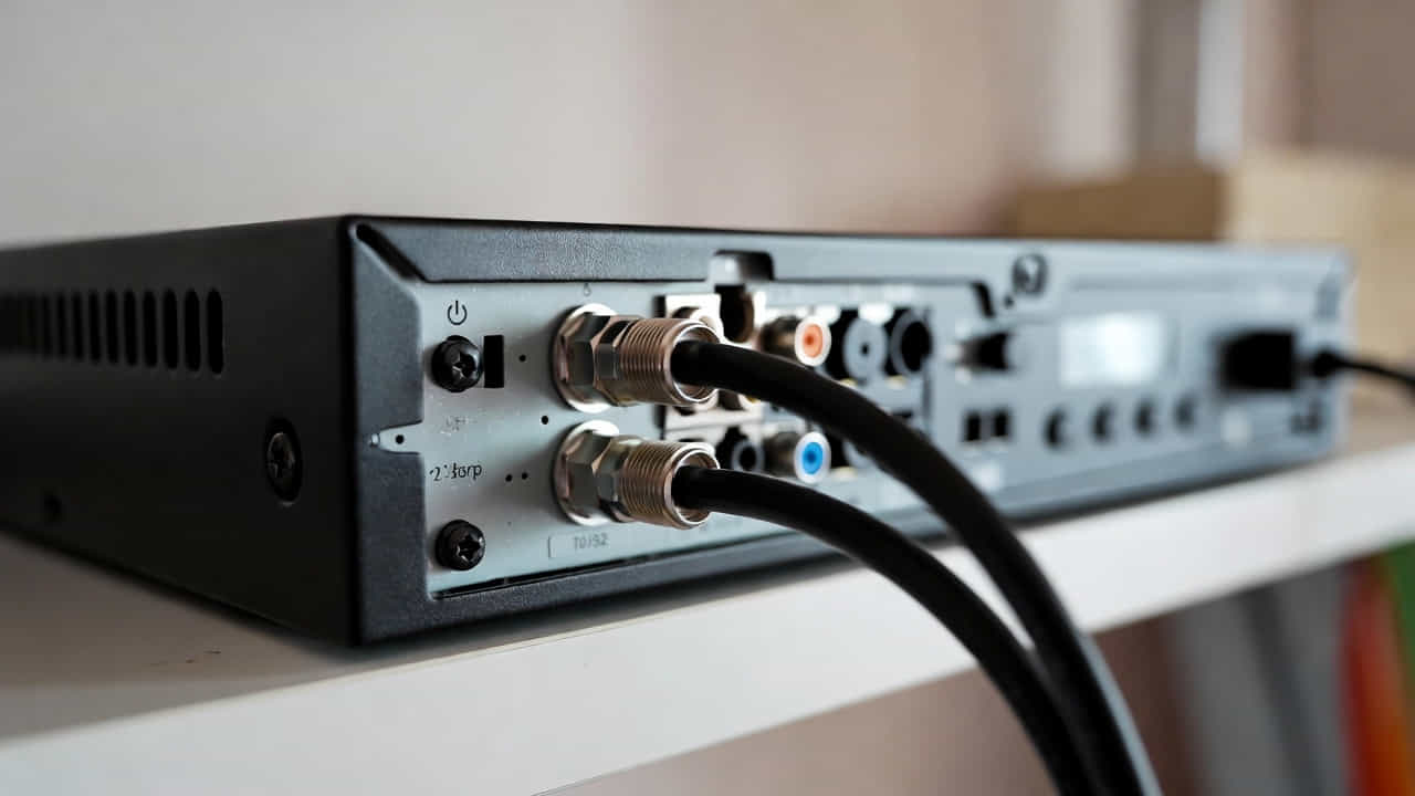 Arrière d'un enregistreur DVR analogique pour vidéosurveillance, panneau arrière en métal gris et noir avec deux connecteurs BNC coaxiaux où sont branchés des câbles noirs