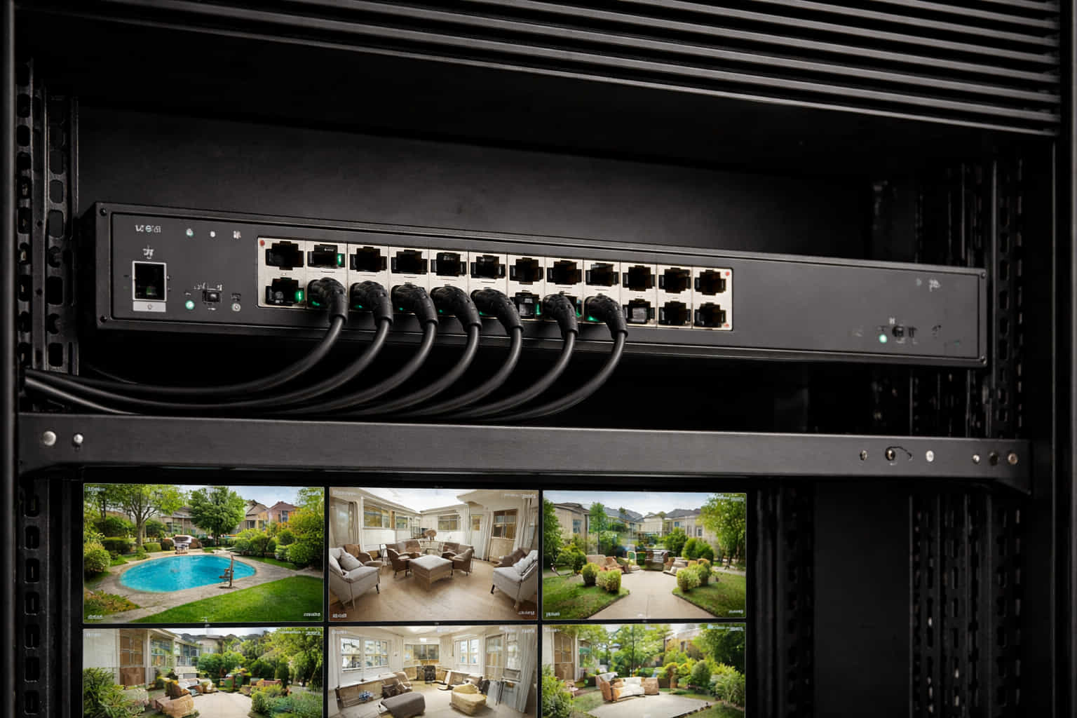 Switch PoE 16 ports monté en rack avec câbles Ethernet connectés et voyants allumés, affichant en dessous une grille de 6 flux vidéo de caméras de surveillance montrant une maison avec piscine extérieure, patio aménagé, salon et jardin.